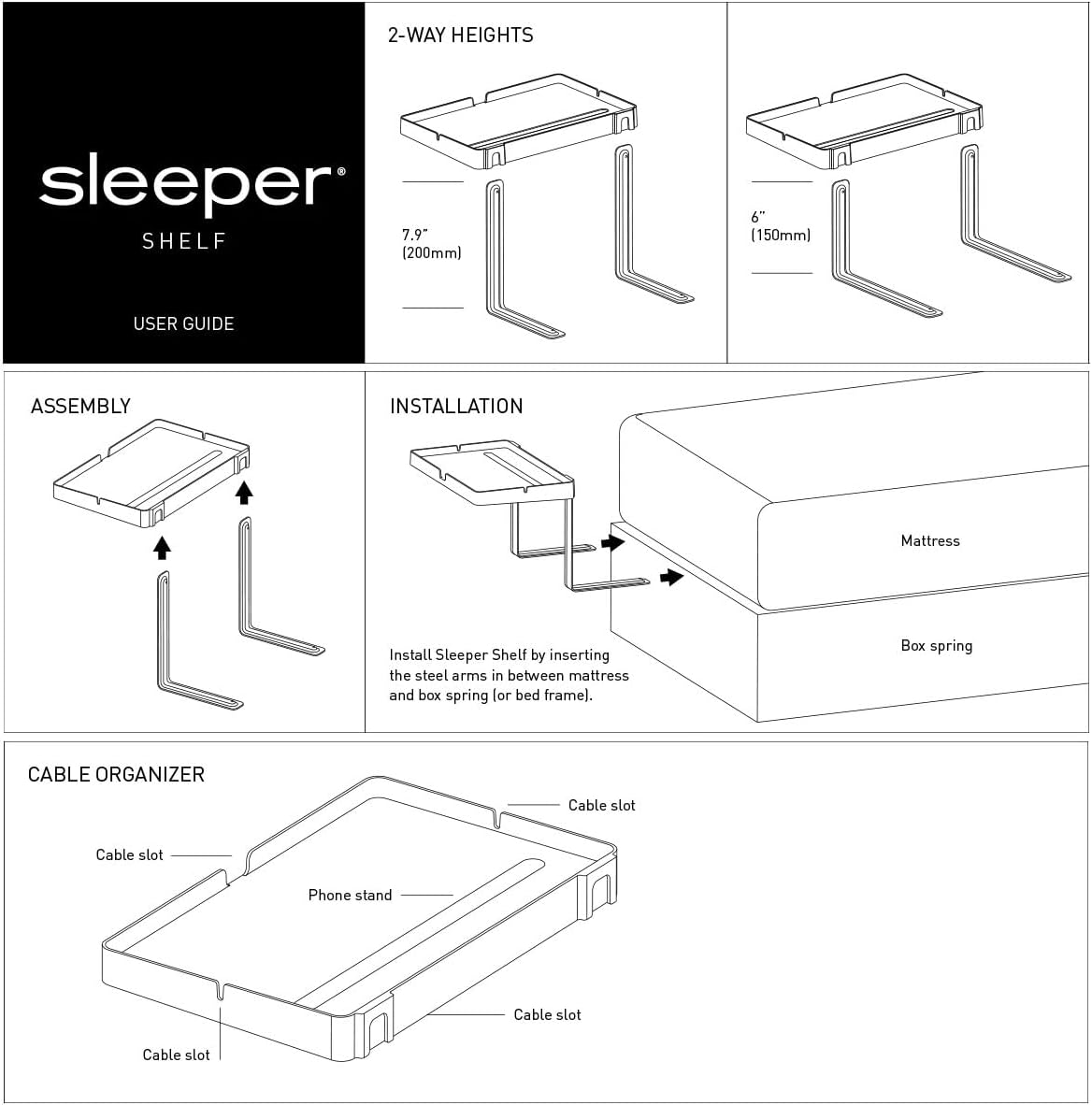 Sleeper Shelf Bedside Phone Stand & Cable Organizer Lined with Silicone for Anti-Slip/Small Space Nightstand, Under Mattress, Height Adjustable