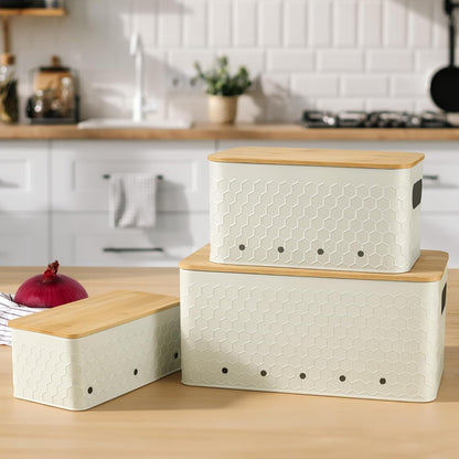 Kitchen Vegetable Storage Set of 3, Metal Onion Garlic Potato Storage Set, Kitchen Canisters Vegetable Keeper Containers with Aerating Holes and Bamboo Lid,Black
