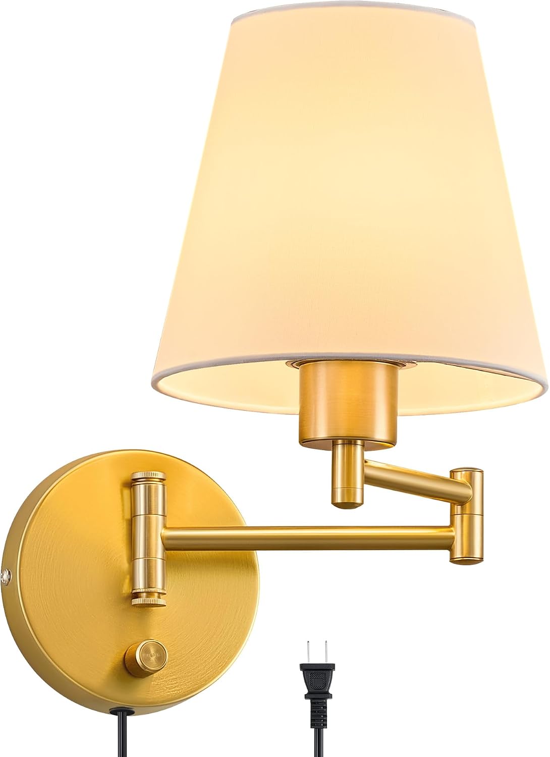 VONLUCE Wall Lamp, Plug in & Swing Arm Wall Sconce, Nickel Finish | Modern Wall Lights with White Fabric Shades, Plug in & Hardwired Wall Mounted Light for Bedside, Living Room, Hallway