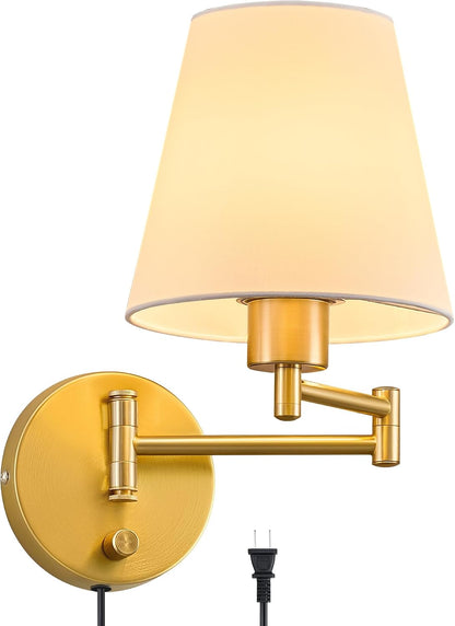 VONLUCE Wall Lamp, Plug in & Swing Arm Wall Sconce, Nickel Finish | Modern Wall Lights with White Fabric Shades, Plug in & Hardwired Wall Mounted Light for Bedside, Living Room, Hallway