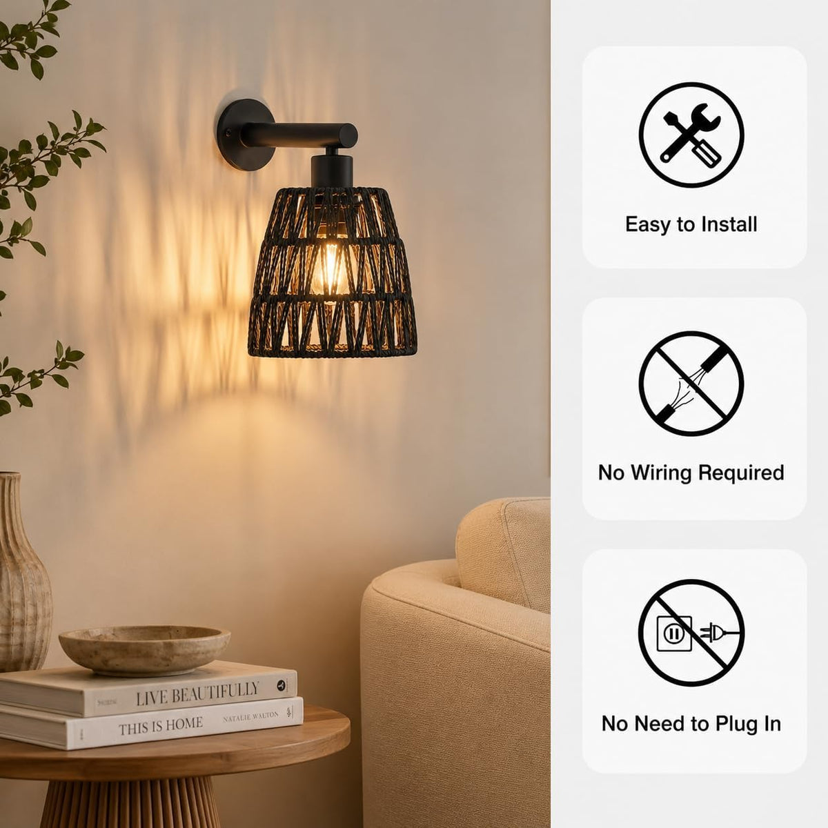 Boho Battery Operated Wall Sconces, Rattan Wall Sconce Set of 2 with Remote, RGB 15 Colors Dimmable Rechargeable Wall Light, Black Indoor Wireless Wall Lamp, Farmhouse Rattan Wall Lighting for Bedroom