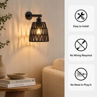 Boho Battery Operated Wall Sconces, Rattan Wall Sconce Set of 2 with Remote, RGB 15 Colors Dimmable Rechargeable Wall Light, Black Indoor Wireless Wall Lamp, Farmhouse Rattan Wall Lighting for Bedroom