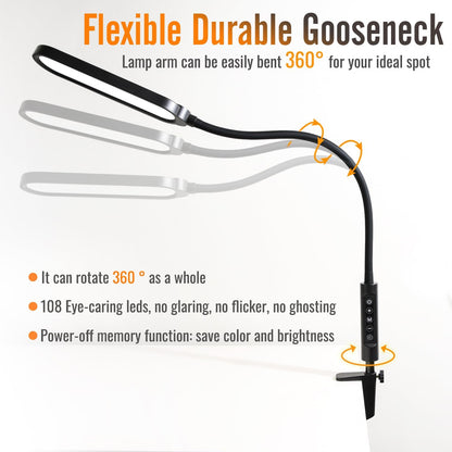 18W 3000LM LED Clamp Desk Lamp | CRI 95 Eye-Caring Light with Remote & Touch Control, 360 Flexible Gooseneck, 3 Color Modes for Home Office(Adapter Included)