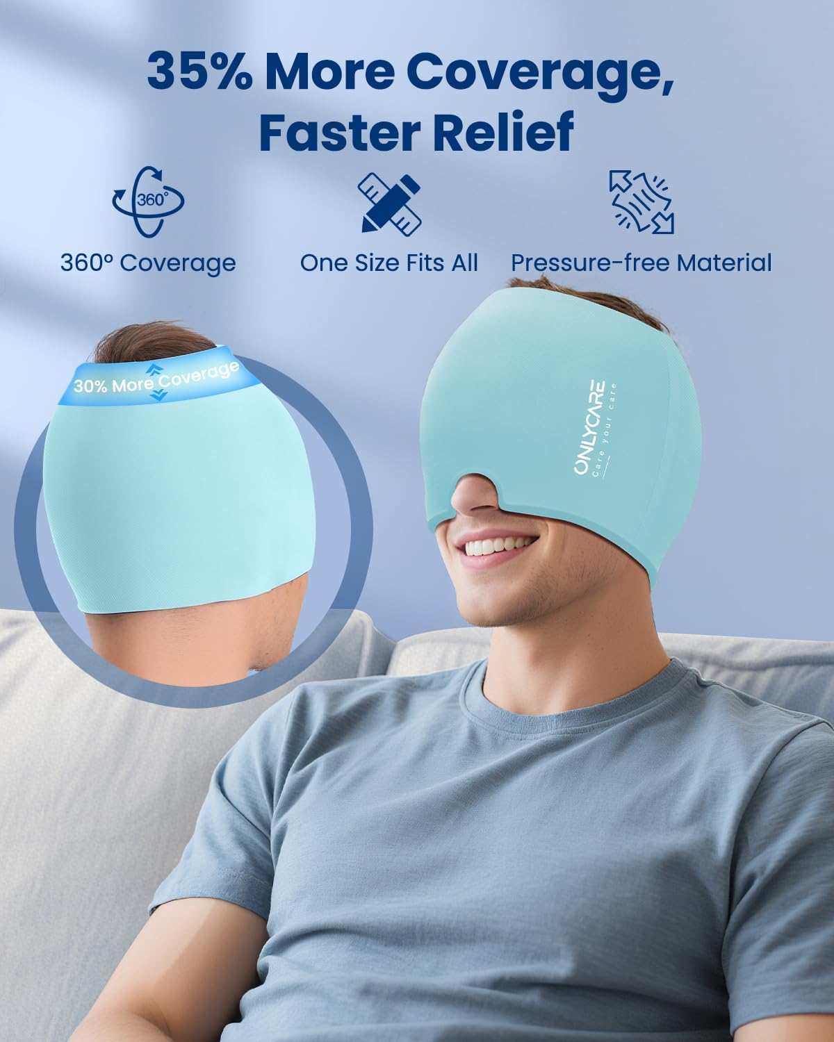 ONLYCARE Migraine Relief Cap, Headache Relief Cold Cap with Odorless Gel | Cooling Hat Head Wrap Soothing Face Ice Pack Mask Products for Tension Stress Hangover & Puffy Eyes, Relaxing Gifts for Women