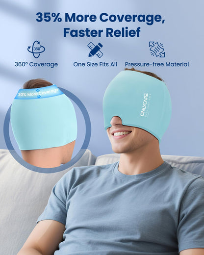 ONLYCARE Migraine Relief Cap, Headache Relief Cold Cap with Odorless Gel | Cooling Hat Head Wrap Soothing Face Ice Pack Mask Products for Tension Stress Hangover & Puffy Eyes, Relaxing Gifts for Women