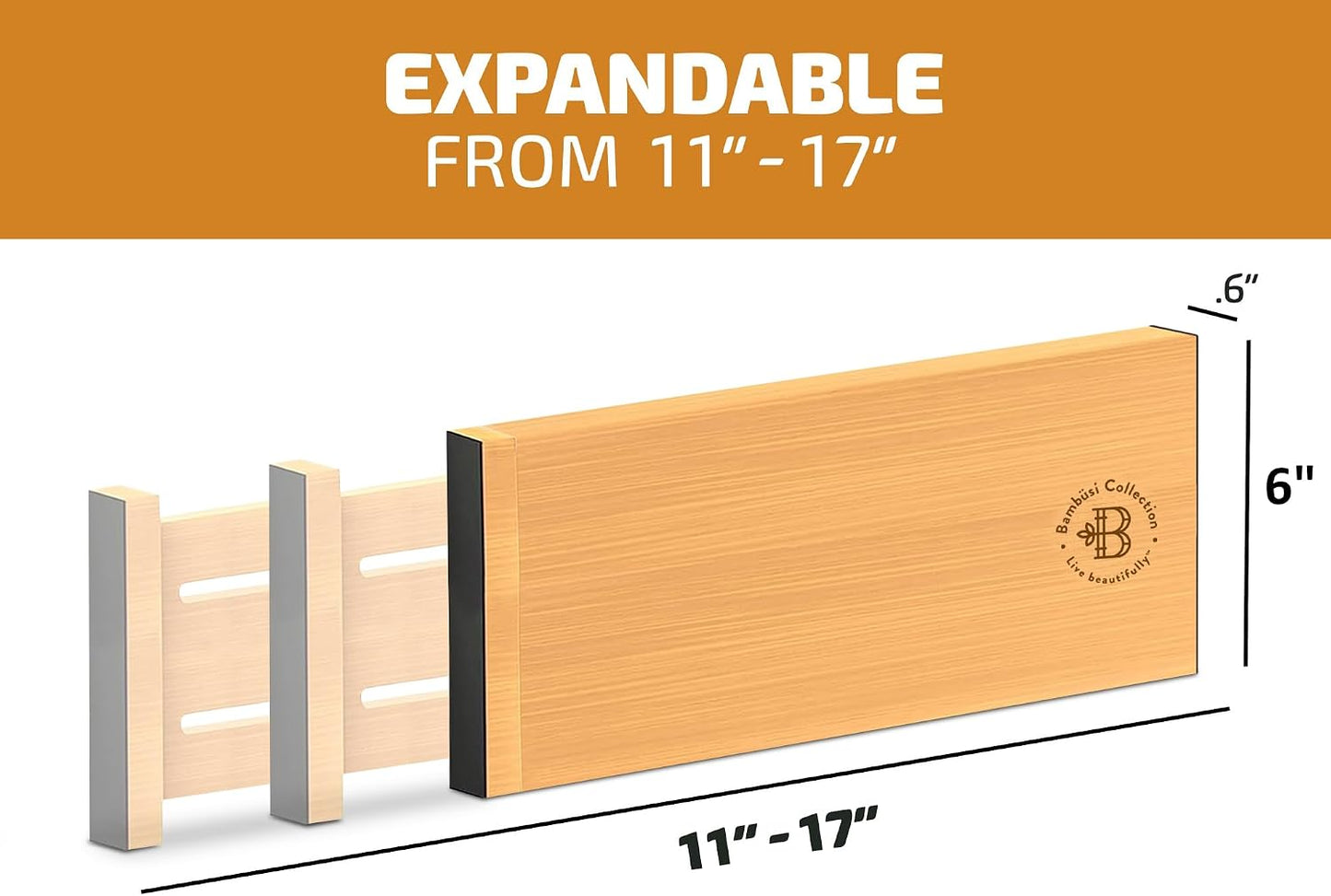 6-Pack Deep Drawer Dividers 4-Inch High Dresser Drawer Organizer, Bamboo | Adjustable 11.5-17 Inch Spring-Loaded Separators for Clothes, Utensils, Socks, Bedroom, Bathroom, Kitchen, Office, No Tools