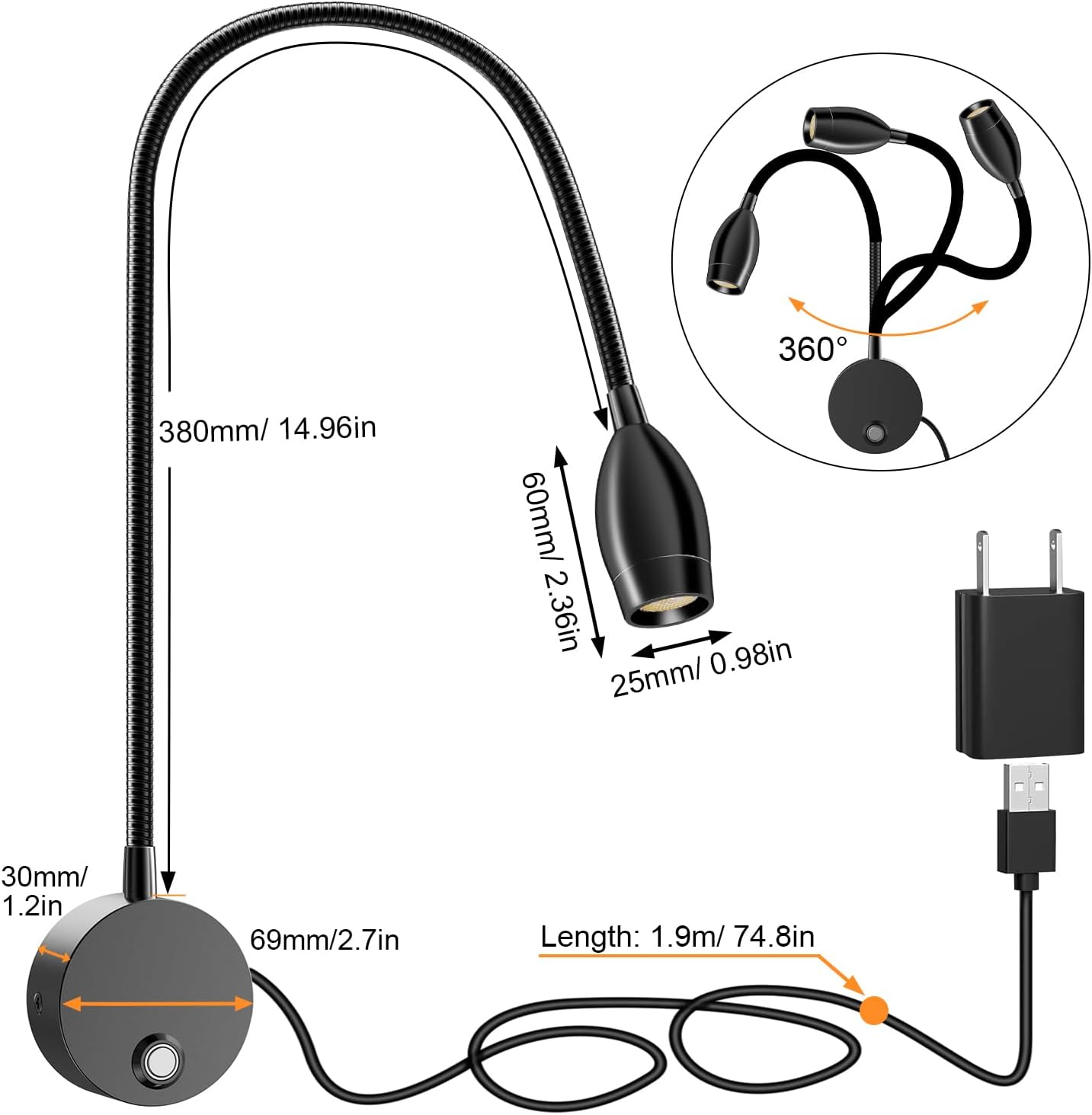 Wall Mounted LED Reading Light with 15" Flexible Gooseneck, Dimmable Book Light for Reading In Bed with USB Charging Port, Plug In Headboard Night Lights, 3 Colors Temperature, Touch Control-2 Pack
