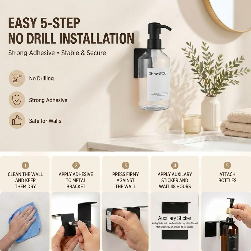 Shampoo and Conditioner Dispenser Set of 3 for Wall Mount | 16.9 fl oz Drill Free Shower Soap Bottles,Refillable Body Wash Dispensers for Bathroom Decor (Amber Bottles + Bamboo Pumps)