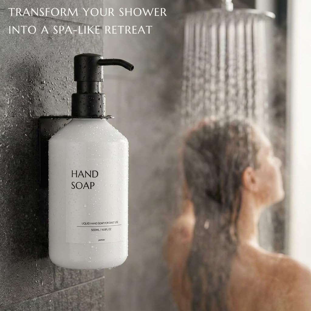 Shampoo and Conditioner Dispenser Set of 3 for Wall Mount | 16.9 fl oz Drill Free Shower Soap Bottles,Refillable Body Wash Dispensers for Bathroom Decor (Amber Bottles + Bamboo Pumps)