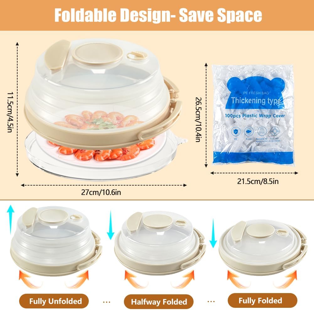 10.6 inch Large Collapsible Microwave Splatter Cover & Anti-Scald Base Plate with Water Steamer with100 Elastic Food Covers, Microwave Cover for Food with Handle,Silicone Microwave Food Cover