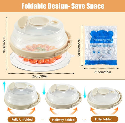 10.6 inch Large Collapsible Microwave Splatter Cover & Anti-Scald Base Plate with Water Steamer with100 Elastic Food Covers, Microwave Cover for Food with Handle,Silicone Microwave Food Cover