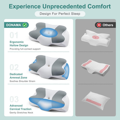 DONAMA Contour Cervical Neck Pillow for Neck Pain Relief | Queen,Ergonomic Dual-Height,Odorless Memory Foam,Side/Back/Stomach Sleepers,Cooling Hypoallergenic Cover,OEKO-TEX Certified