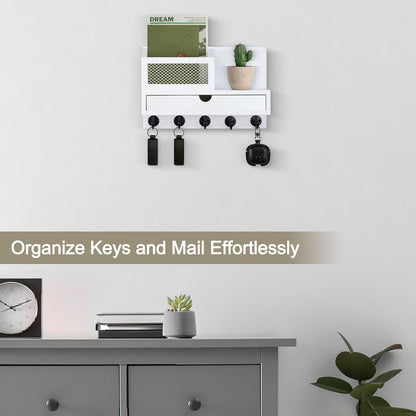 Key Holder for Wall with 5 Key Hooks and Storage Drawer | Key Holder Wall Mount, Mail Organizer for Entryway Living Room Farmhouse Home Decor