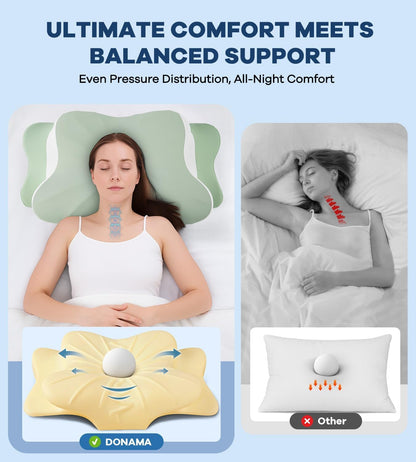 DONAMA Contour Cervical Neck Pillow for Neck Pain Relief | Queen,Ergonomic Dual-Height,Odorless Memory Foam,Side/Back/Stomach Sleepers,Cooling Hypoallergenic Cover,OEKO-TEX Certified