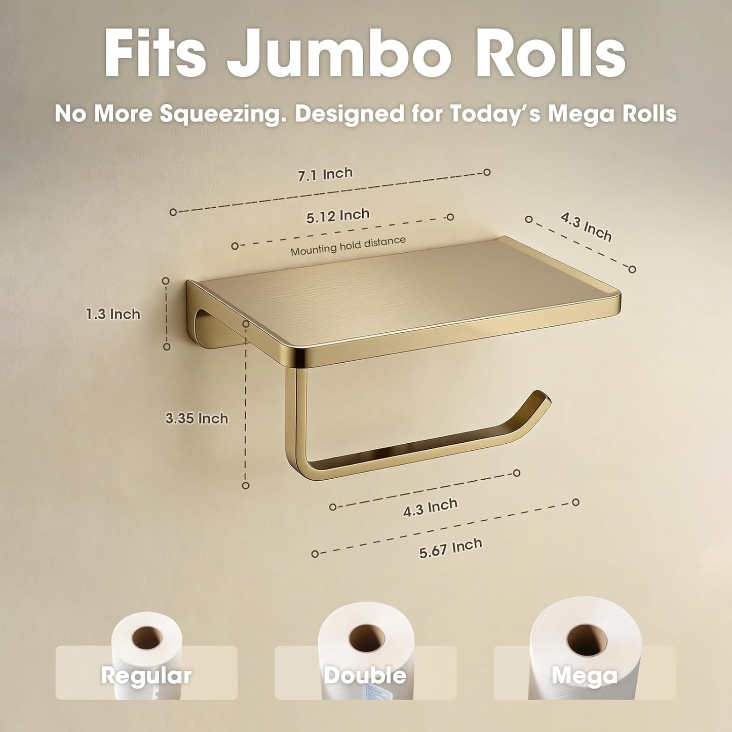 TRUSTMI Toilet Paper Holder with Phone Shelf, Zinc Alloy, Brushed Gold | Solid zinc alloy holder holds 15 lbs and fits jumbo rolls. Shelf stores phones and wipes for easy bathroom organization