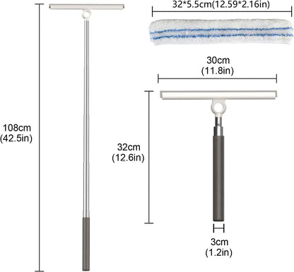 2-in-1 Shower Squeegee for Glass Doors with Telescopic Handle | Squeegee for Shower Glass with Microfiber Scrubber, Long Handle for Bathroom, Tile Wall, Car Windshield, Window,Mirror