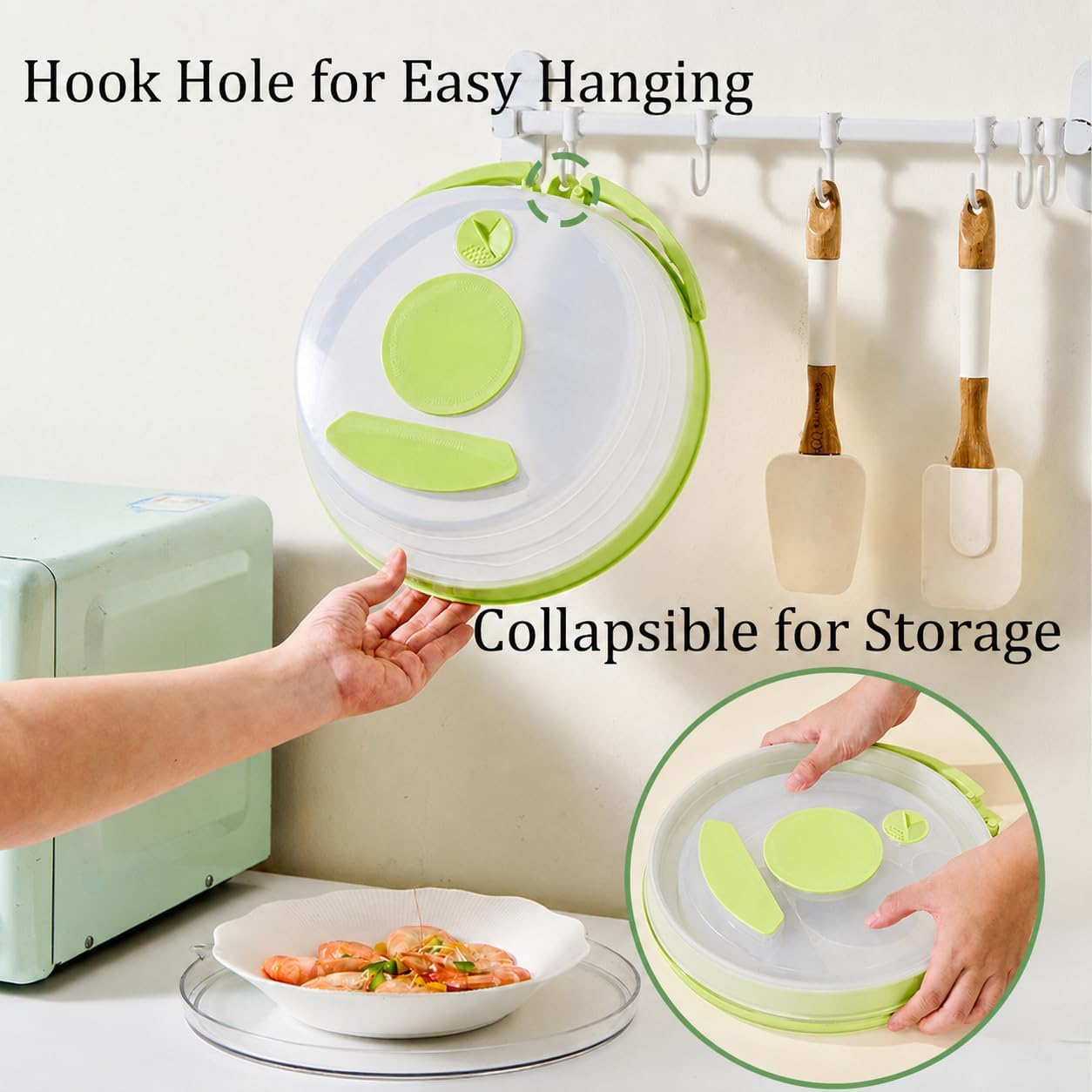 Microwave Splatter Cover with Base Plate and Water Steamer,Collapsible Microwave Cover for Food with Handle and Seasoning Groove, Clear Plate Covers,Food Safe,BPA Free,House Gifts (Creamy White)