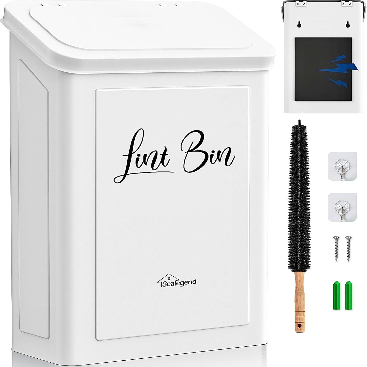 Sealegend Magnetic Metal Lint Bin with Lid, Trash Can with Brush, White | Collect Dryer Lint Easily, Space-Saving Laundry Room Organization & Storage