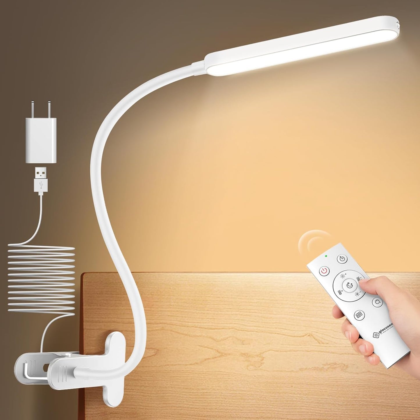 Glocusent Clip On Light, 5W Eye Caring Book Lights for Reading | 5 Color & 5 Brightness with a Remote, 30-Min Auto Off Timer, Multi-Purpose Clip Lamp for Bed Reading/Studying/Working