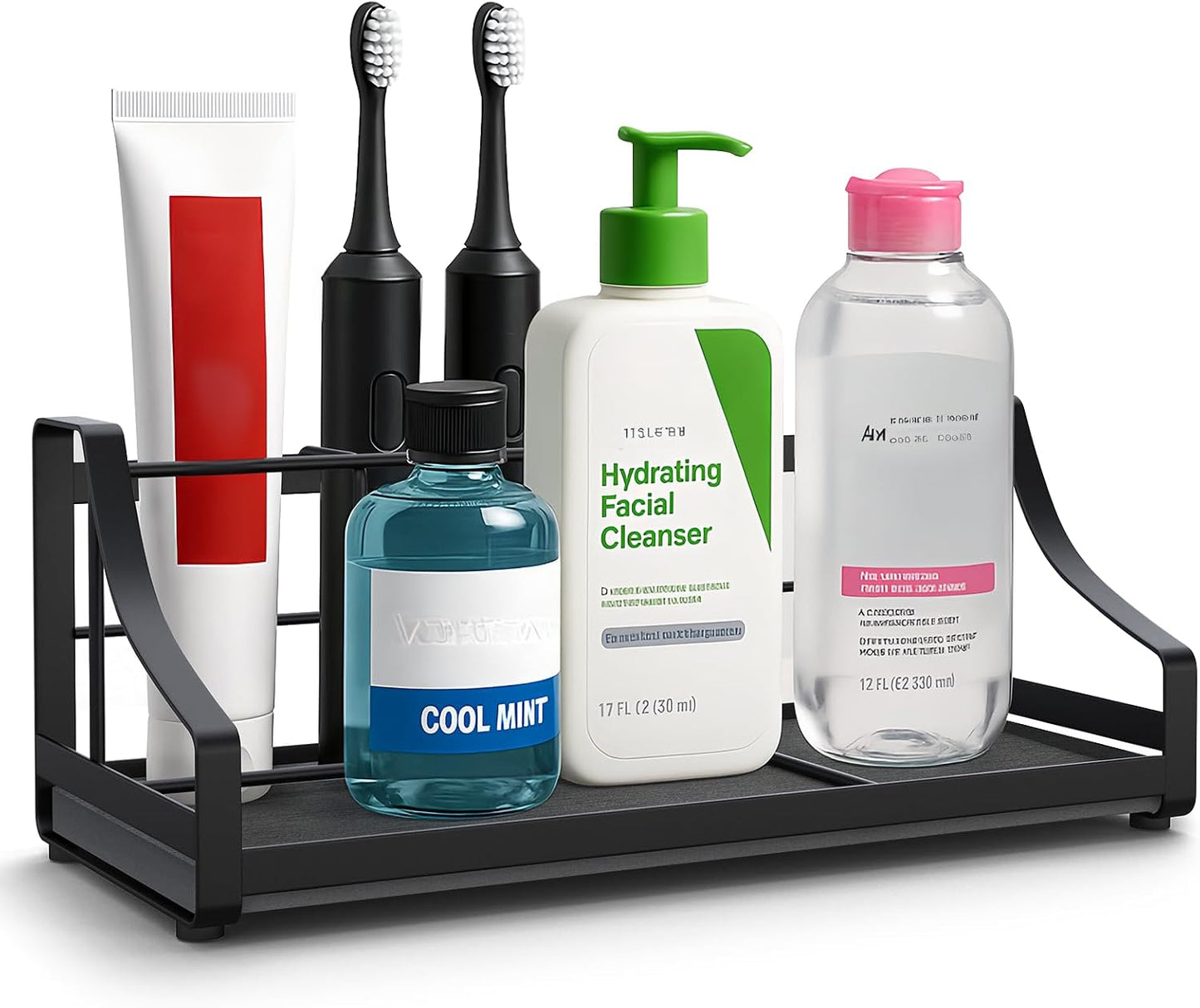 Toothbrush Holder with Quick Drying Mat—Toothbrush and Toothpaste Holders for Bathrooms—5 Slots Openwork Design Black Toothbrush Holder Set,Bathroom Counter Organizer for Electric Toothbrush