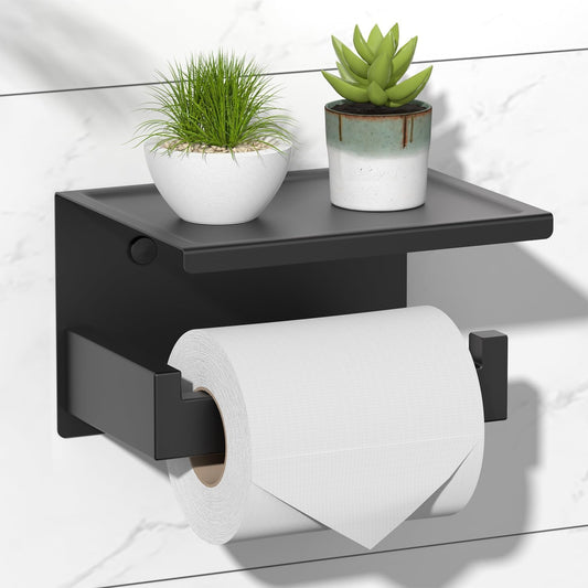 HITSLAM Toilet Paper Holder Matte Black, Adhesive Wall Mount, No Rotation | Heavy Duty Metal | anti rotation slot | vertical or horizontal setup |rustproof matte black finish|Bathroom Tissue Dispenser