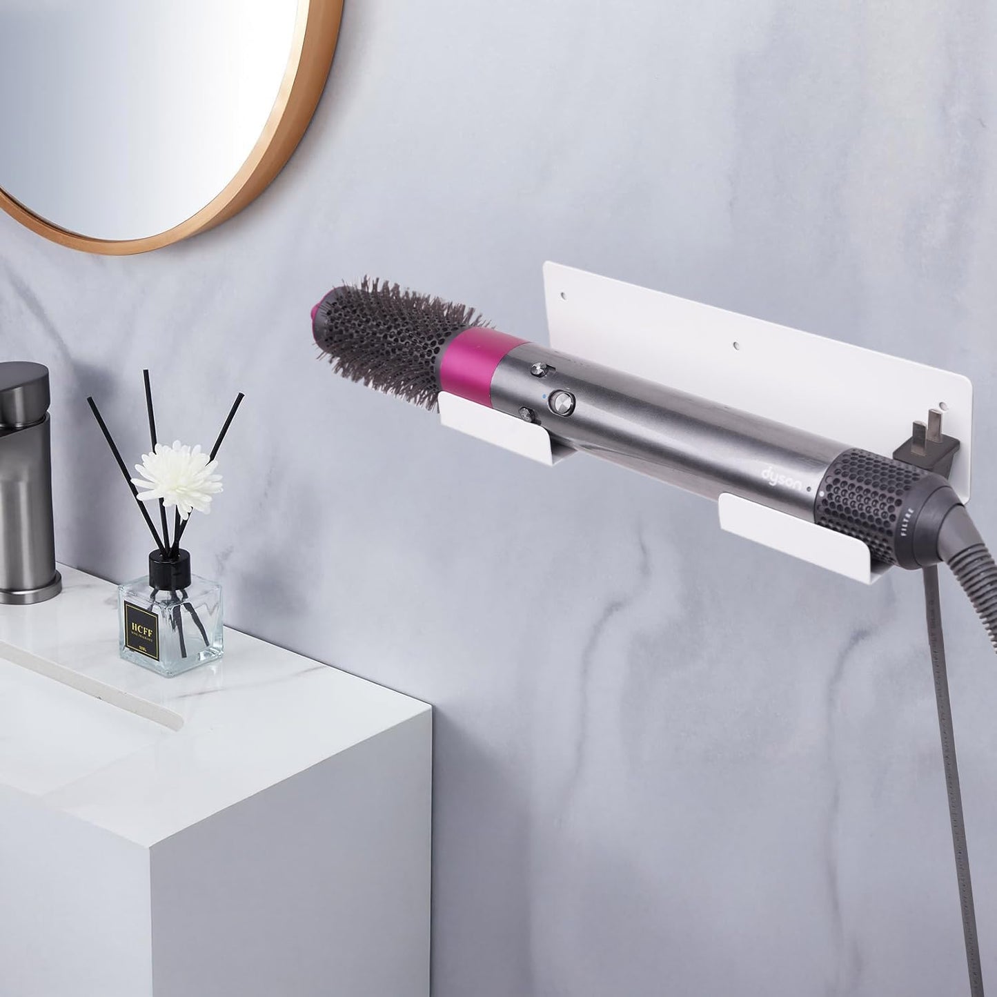 Hair Tool Organizer Wall Mount, Stainless Steel Hair Tool Holder with 2 Heat-Resistant Cups, Curling Iron Holder for Vanity, Hot Tools Organizer with PVC Ring,Hair Dryer Holder for Bathroom, BANJEKT