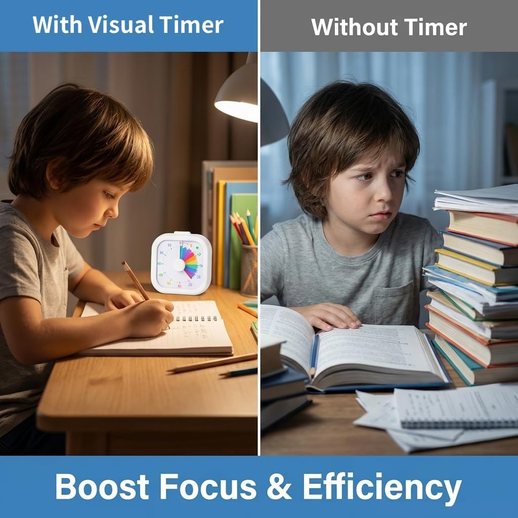 Visual Timer with Rainbow Pattern, 60-Minute Countdown Timer for Kids and Adults, Silent Pomodoro Timer for Classroom, Kitchen, Office & Teaching, Time Management Tool (White)
