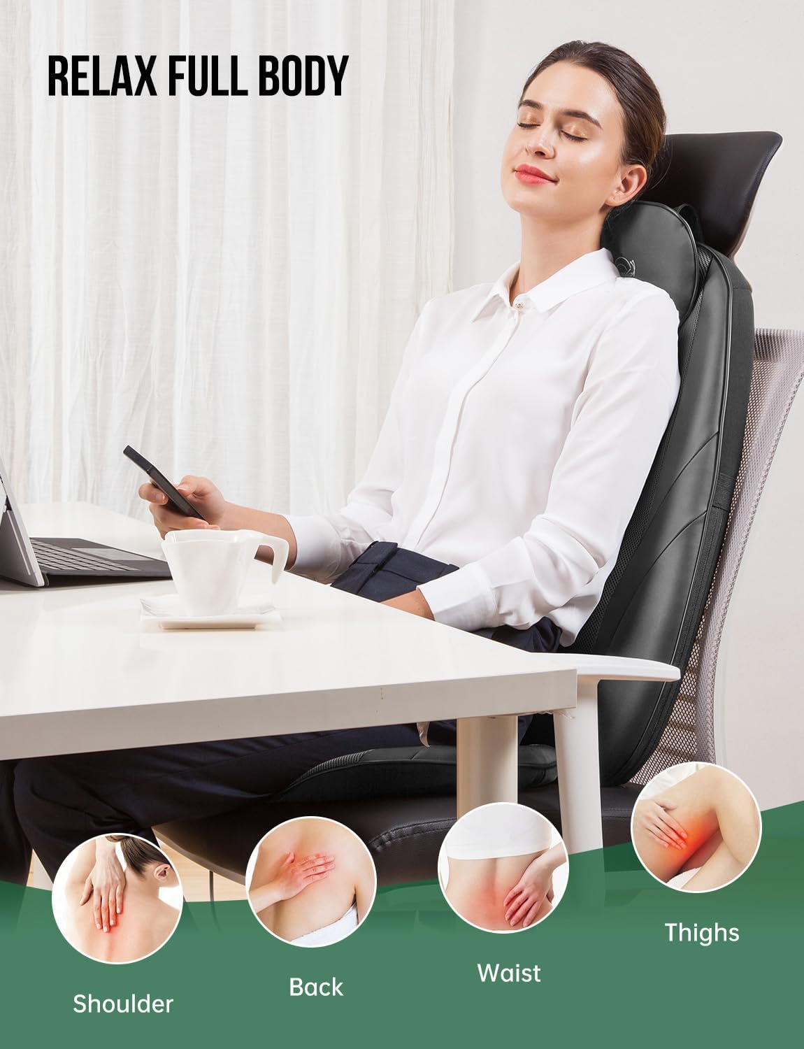 Snailax Shiatsu Back Massager with Heat, Deep Kneading Massage Chair Pad for Neck, Shoulders, Full Back & Waist, Adjustable Roller Massage Seat Cushion for Home Office, Pain Relief, Gift for Men Women