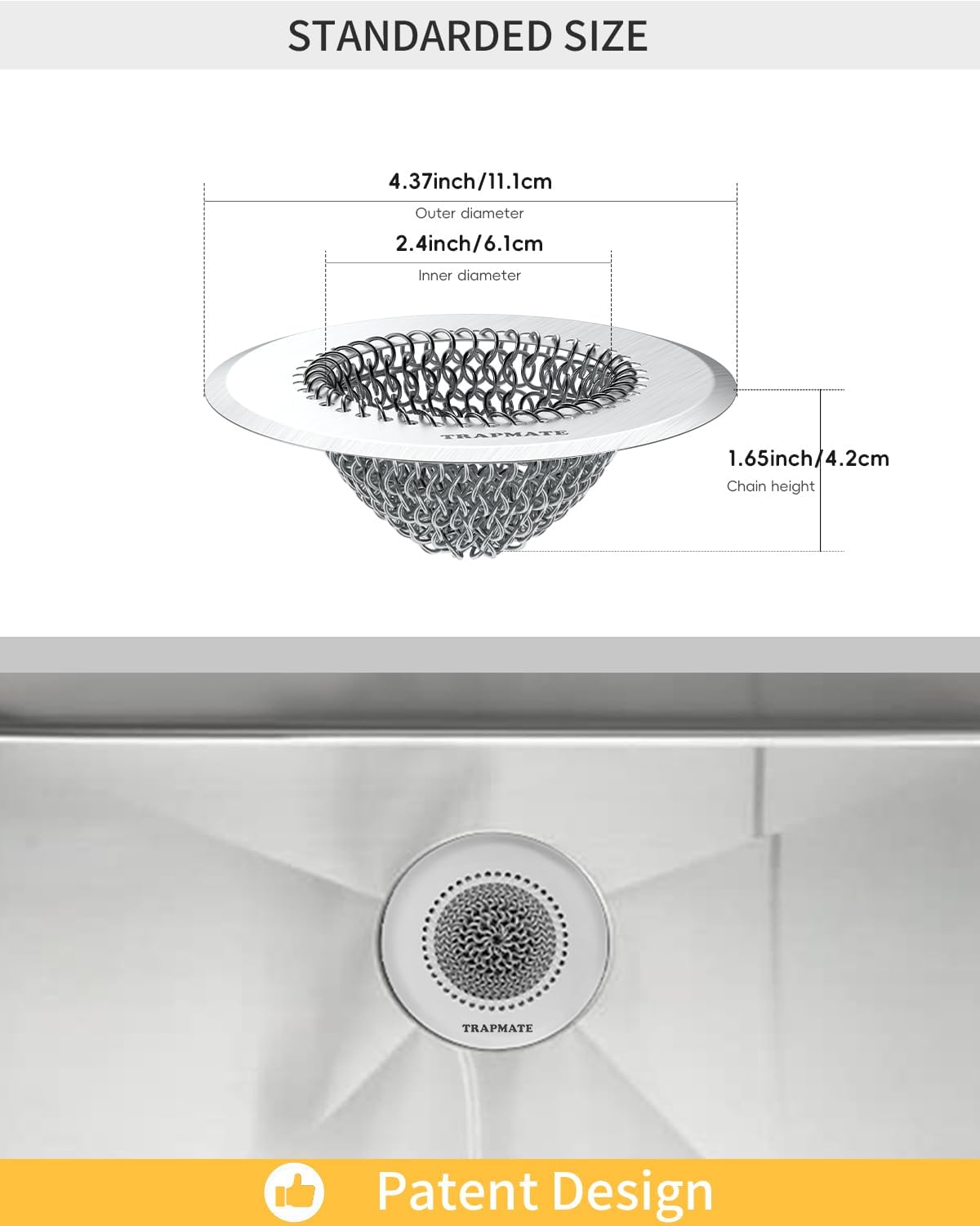 Reversible Kitchen Sink Drain Strainer Basket, Fits Sink & Garbage Disposal | Fast Drainage, Anti-Slip, Easy Clean, Anti-Clogging, Rust-Proof, Large Capacity, Universal 4.4-Inch, Patented Chain Mesh