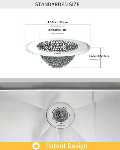 Reversible Kitchen Sink Drain Strainer Basket, Fits Sink & Garbage Disposal | Fast Drainage, Anti-Slip, Easy Clean, Anti-Clogging, Rust-Proof, Large Capacity, Universal 4.4-Inch, Patented Chain Mesh