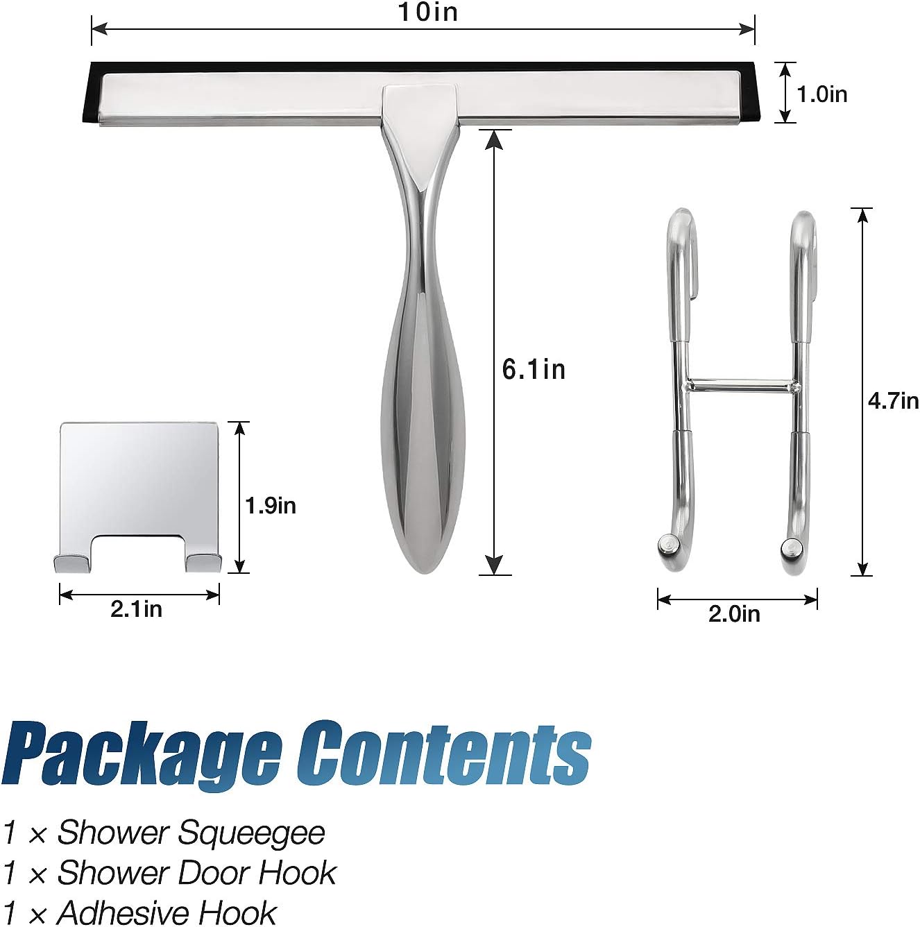 12-Inch Shower Squeegee Set, Includes Shower Door Hook and Adhesive Hook, Squeegee for Shower Doors, Mirror and Window, Silver