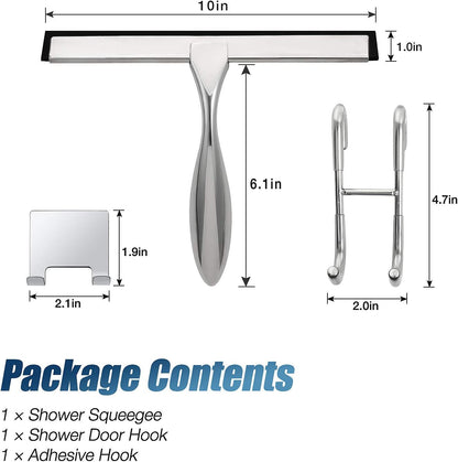 12-Inch Shower Squeegee Set, Includes Shower Door Hook and Adhesive Hook, Squeegee for Shower Doors, Mirror and Window, Silver