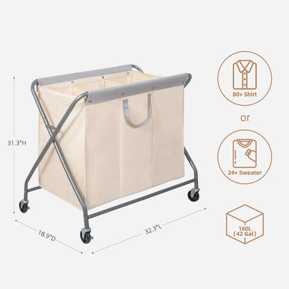 STORAGE MANIAC 160L Collapsible Laundry Hamper with Wheels, Rolling Laundry Basket, Heavy Duty Cloth Sorter with Removable Bag, Folding X Frame Clothes Organizer Cart for Easy to Store, 3 Section