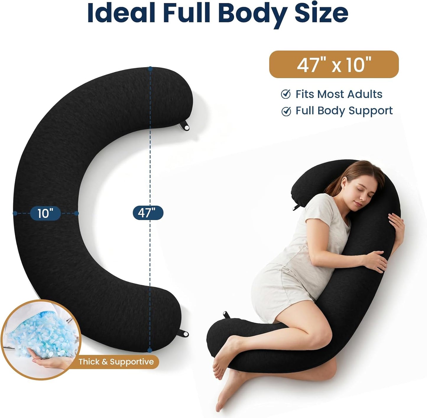 TranquilRelax C Shaped Body Pillow for Side Sleepers, Memory Foam Long Pillow for Leg, Hip & Back Support, Soft Washable Cover,Grey-47"*10"