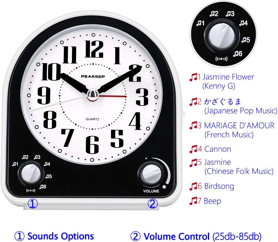 Peakeep Analog Alarm Clock Non-Ticking Silent, 7 Wake-up Sounds | with Volume Control, Nightlight and Snooze, AA Battery Operated (Black)