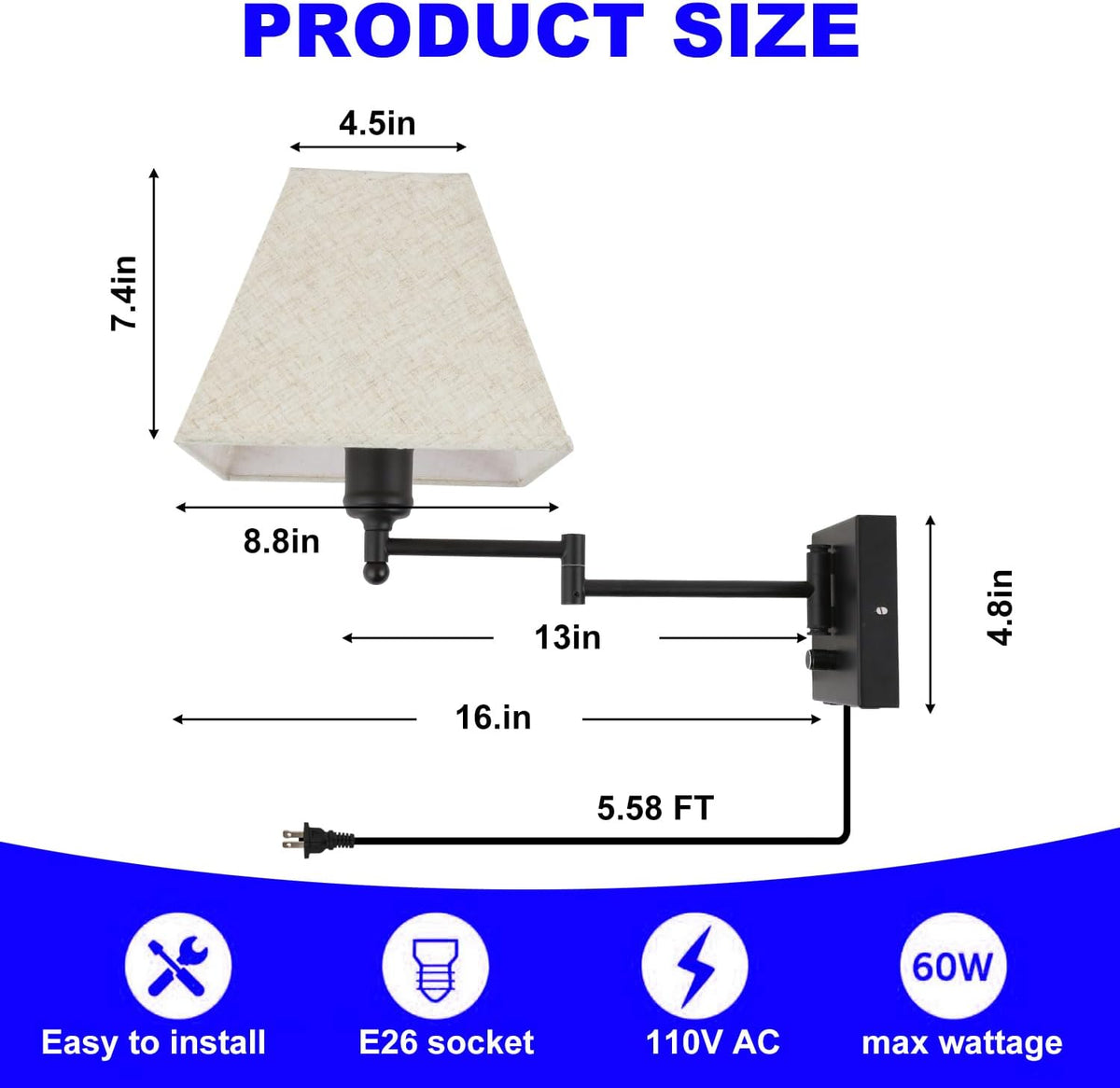 Wall Mounted Lamp Plug in Wall Sconce with Dimmable Switch Swing Arm Wall Lamp Whire Fabric Shade with USB Port Gold Wall Sconce Suitable for Hallway Bedroom Living Room…