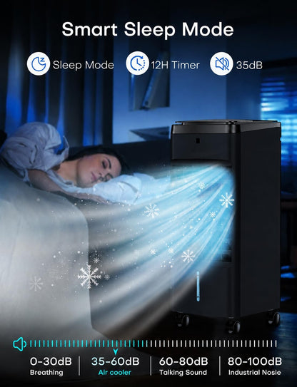 Portable Air Conditioners 4 Modes&3 Speeds,4 Ice Packs, Waterless Alert System, 12H Timer, Remote,1 Gal Detachable Water Tank, 70°Oscillation Windowless Evaporative Air Cooler for Room Office