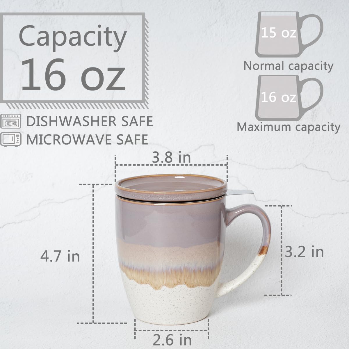 Bosmarlin Ceramic Tea Cup with Infuser and Lid, 16 Oz, 5 Colors to Choose, Dishwasher and Microwave Safe, Reactive Glaze, Steeping Tea Mug with Strainer (Purple)
