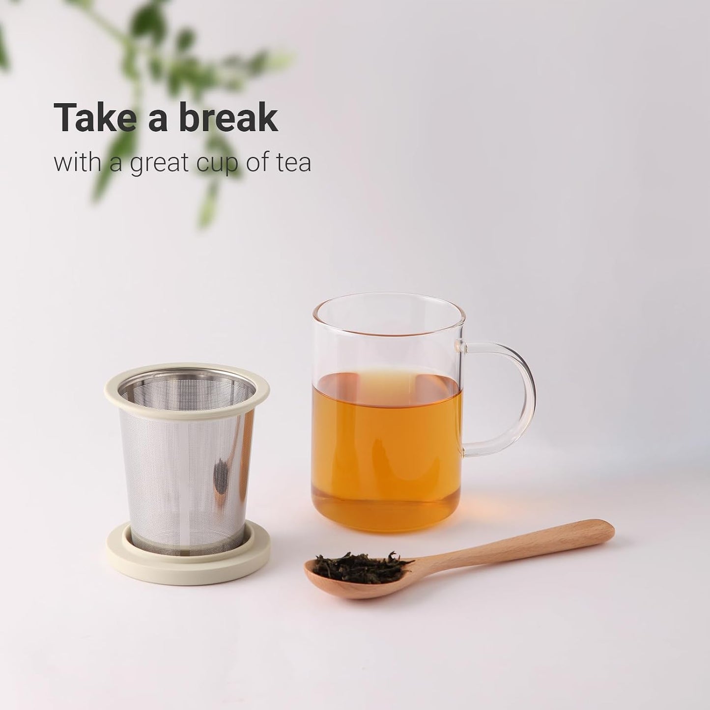 emoi 15 oz Glass Tea Cup with Infuser & Lid, Ideal for Loose Leaf Tea, Gray | Tea Mug with Extra Fine Mesh 304 Stainless Steel Steeper & Silicone Lid, Brew a Perfect Cup Easily at Home or Office