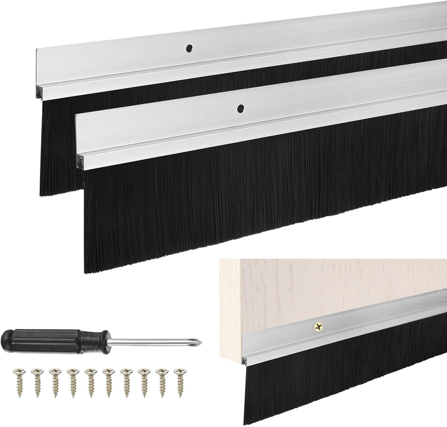M METERXITY 2-Pack Door Brush Bottom Sweep, 39" L x 2.6" W H-Shape Aluminum Alloy Base with 1.6" Nylon Brush for Industrial/Home/Garage Door Seal, Strong Adhesive Weather Stripping Kit[Silver]