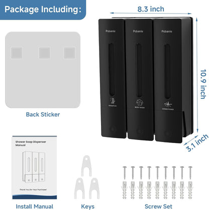 Shampoo and Conditioner Dispenser - Shower Soap Dispenser Wall Mounted No Drill - Shampoo Conditioner Body Wash Dispenser 3 Chamber - Easy Install for Bathroom Hotel Black 1200ml