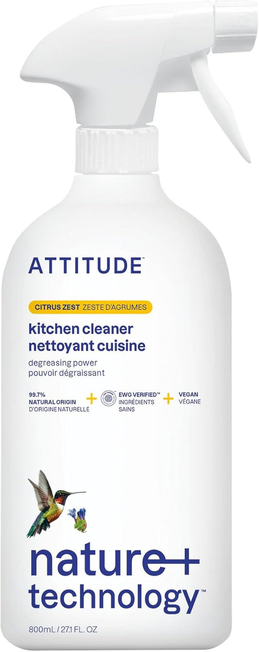 ATTITUDE Kitchen Cleaner Spray, EWG Verified, Degreaser Spray to Cut Grease & Grime, Plant-Based & Vegan, Citrus Zest Scent, 27.1 Fl Oz