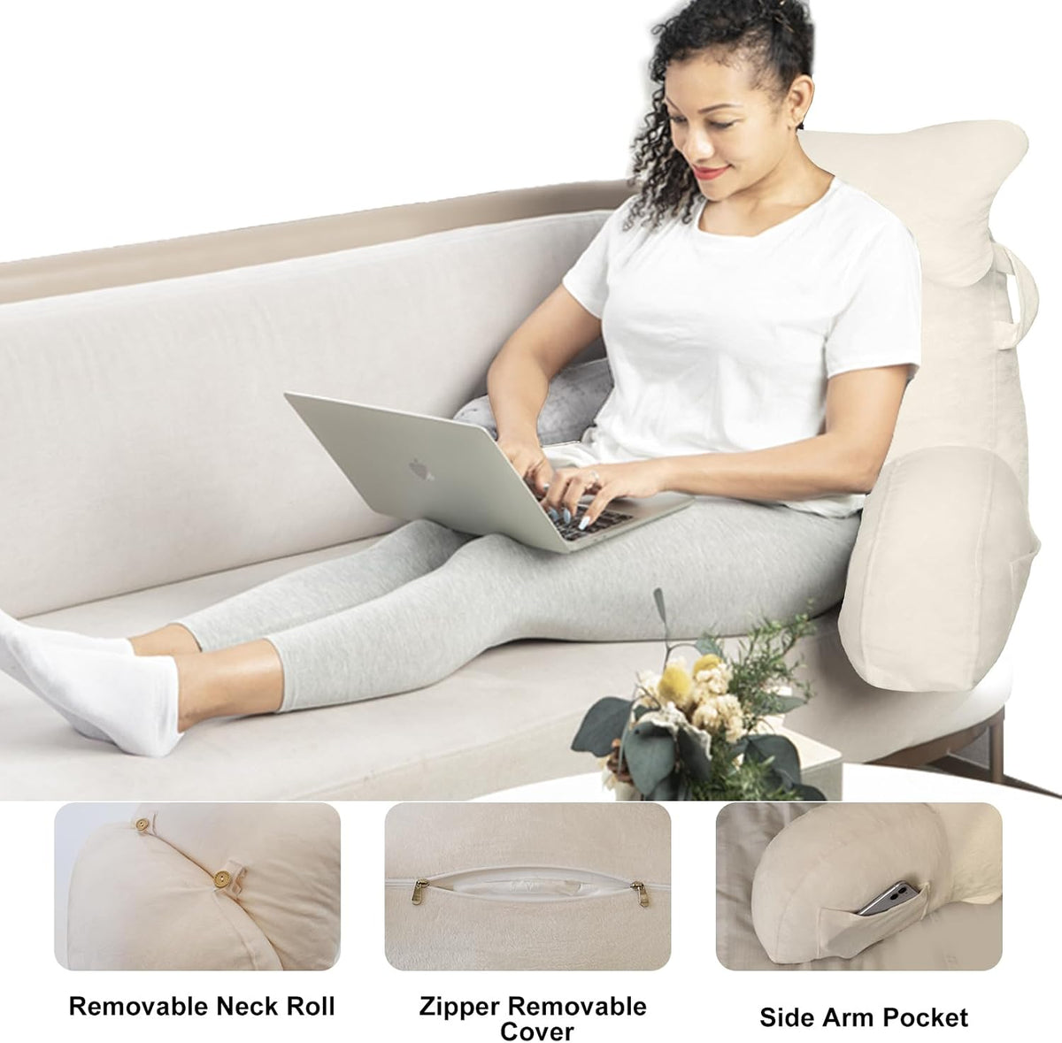 SLIGUY Reading Pillow for Sitting in Bed Couch Adult, Back Pillow with arm Support and Pockets, Adult Back Pillow Bed Chair for Bed Rest, Reading, Watching TV, Gaming for Boys and Girls Dark Grey