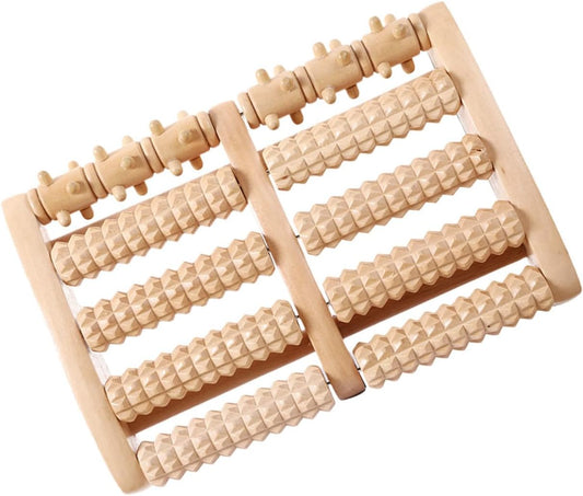Wooden Foot Massager Roller Acupuncture Point Massager with 5 Rows of Beads for Plantar Relief and Relaxation, Manual Foot Massage Tool for Home Use by Men and Women