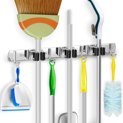 IMILLET 2 Pack Broom Holder Wall Mount Stainless Steel Mop Organizer | 5 Racks 4 Hooks Heavy Duty Garage Organization Storage,Broom and Mop Organizer Wall Hanging Self Adhesive for Laundry Room