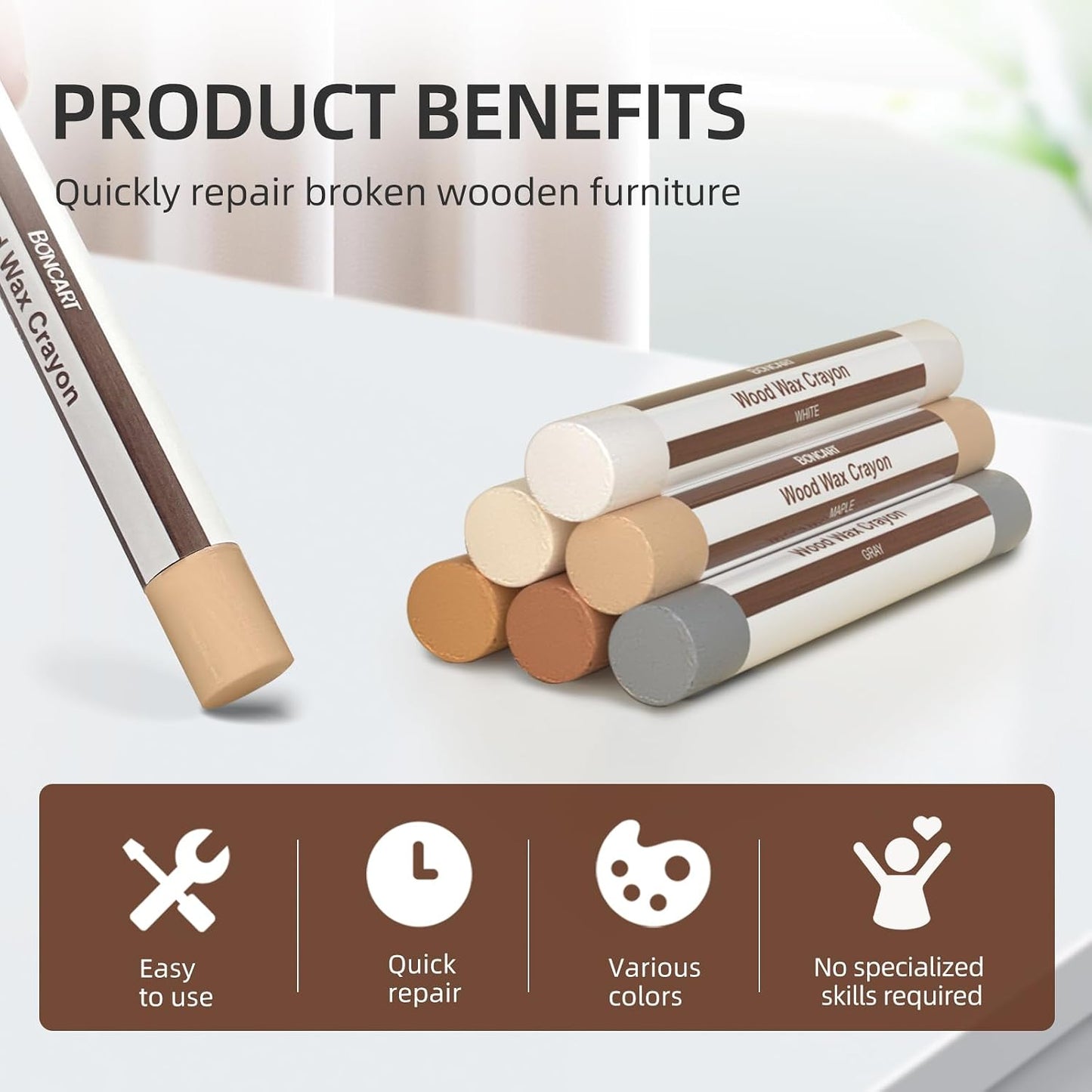 Boncart Wood Filler Sticks,12 Colors Wood Wax Crayons | For Repairing Scratches, Scuffs, Cracks, and Nail Holes on Wood Furniture, Floors, Cabinets, Tables, and Doors