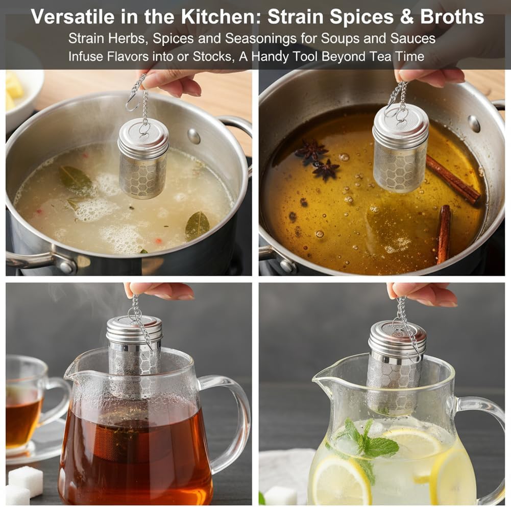 2 Pack Tea Infuser, Extra Fine Mesh Tea Steeper with Extended Chain S Hook and 2PCS Crevice Cleaning Brushes, 304 Stainless Steel Tea Strainers for Tea, Spices, Herbs & Seasonings