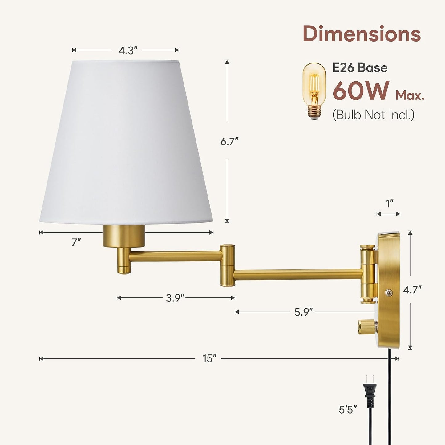 VONLUCE Wall Lamp, Plug in & Swing Arm Wall Sconce, Nickel Finish | Modern Wall Lights with White Fabric Shades, Plug in & Hardwired Wall Mounted Light for Bedside, Living Room, Hallway