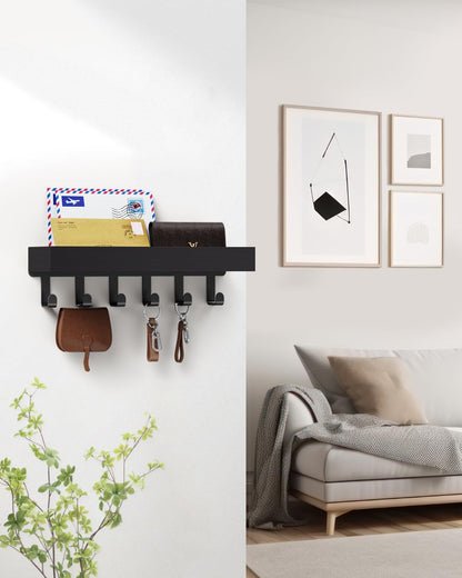 Key Holder Wall Mount Magnetic Adhesive, Key Hooks Rack with Shelf | Key Hanger with Mail Organizer for RV Camper Fridge Living Room Decor, Home Essentials, Black