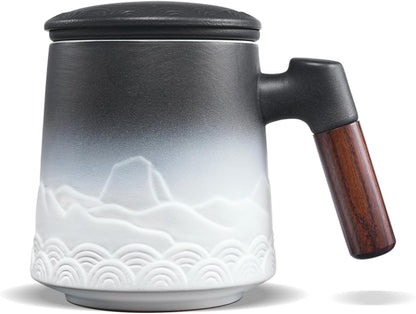 ZENS Tea Mug with Infuser and Lid for Loose Leaf Tea Steeper, 16.9oz Moss | Embossed Ceramic Tea Cup with Infuser for Herbal Tea Difussers, Tea Lovers Gifts, Nature Wood Handle